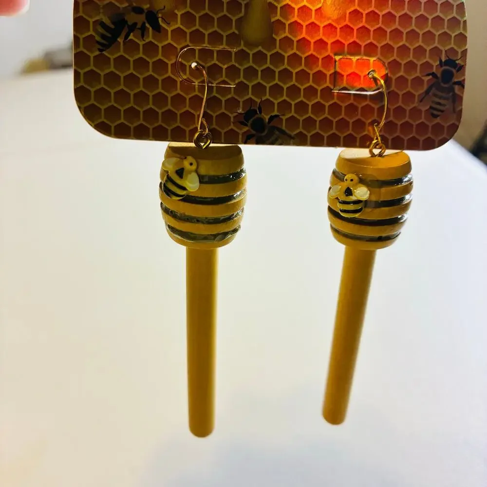 Bee Honey Dipper Dangle Earrings Wooden Honeycomb Beehive Cottagecore Farmhouse